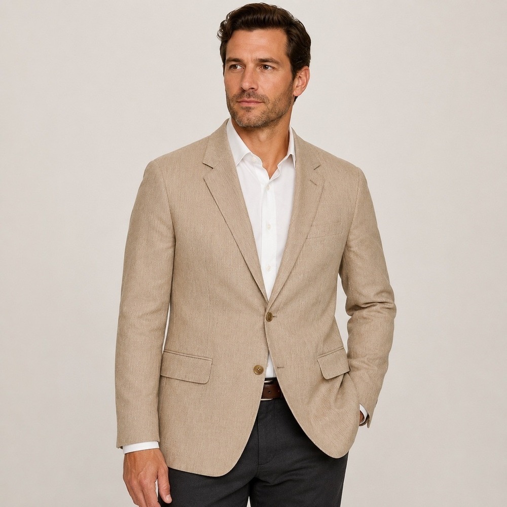 Calvin Klein Blazer Linen Blend Medium 44R Tan Stripe Summer Sport Coat Jacket